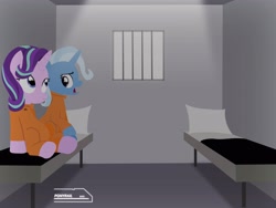 Size: 4096x3072 | Tagged: safe, artist:ponyrailartist, starlight glimmer, trixie, pony, unicorn, g4, bed, clothes, duo, jail, jail cell, jumpsuit, never doubt rainbowdash69's involvement, pillow, prison, prison outfit, prisoner sg, prisoner tx