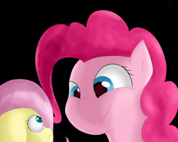 Size: 2500x2000 | Tagged: safe, artist:reinbou, fluttershy, pinkie pie, earth pony, pegasus, pony, g4, black background, duo, duo female, female, high res, simple background