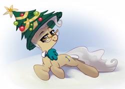 Size: 3216x2296 | Tagged: safe, artist:taneysha, mayor mare, earth pony, pony, g4, christmas, christmas tree, female, glasses, hat, high res, holiday, lying down, mare, simple background, smiling, solo, tree, white background