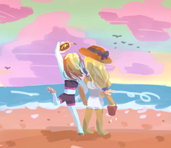 Size: 2300x2000 | Tagged: safe, artist:snowzaaah, applejack, rainbow dash, human, equestria girls, g4, ass, beach, butt, female, high res, lesbian, rear view, ship:appledash, shipping, taking a photo