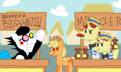 Size: 1600x945 | Tagged: safe, artist:creepa-bot inc., applejack, flam, flim, earth pony, pony, unicorn, g4, angry, applejack is not amused, applejack's hat, bottle, brothers, cowboy hat, deltarune, flim flam brothers, friday night funkin', hat, male, pipis, pixel art, ponified, ponyville, puppet, siblings, sign, spamton, stallion, stand, unamused