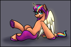 Size: 4252x2835 | Tagged: safe, artist:sadfloorlamp, part of a set, sunny starscout, alicorn, pony, g5, abstract background, alicornified, artificial horn, artificial wings, augmented, belly, braid, braided ponytail, colored, commission, concave belly, cute, digestion without weight gain, ear fluff, eye clipping through hair, eyelashes, female, frame, glowing, glowing horn, glowing wings, high res, hoof fluff, horn, implied death, implied digestion, implied vore, leaning back, lightly watermarked, long mane, looking at you, magic, magic horn, magic wings, mane stripe sunny, mare, multicolored hair, partially open wings, ponytail, race swap, rainbow hair, raised leg, satisfied, shading, shadow, signature, sitting, slender, smiling, smiling at you, solo, sunnybetes, sunnycorn, thin, underhoof, unshorn fetlocks, watermark, wings, ych result