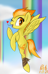 Size: 1552x2396 | Tagged: safe, artist:notadeliciouspotato, spitfire, pegasus, pony, g4, bandage, blowing a kiss, cloud, female, floating heart, flying, heart, looking at you, mare, one eye closed, open mouth, open smile, rainbow waterfall, signature, smiling, solo, spread wings, wings, wink