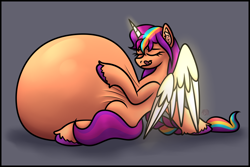 Size: 4252x2835 | Tagged: safe, alternate version, artist:sadfloorlamp, part of a set, sunny starscout, alicorn, pony, g5, :p, abdominal bulge, abstract background, alicornified, artificial horn, artificial wings, augmented, belly, big belly, braid, braided ponytail, colored, commission, ear fluff, eye clipping through hair, eyelashes, female, frame, glowing, glowing horn, glowing wings, high res, hoof fluff, hoof on belly, horn, huge belly, implied death, implied digestion, implied vore, impossibly large belly, leaning back, licking, licking lips, lightly watermarked, long mane, magic, magic horn, magic wings, mare, multicolored hair, partially open wings, ponytail, race swap, rainbow hair, raised leg, satisfied, shading, shadow, signature, sitting, slim, smiling, solo, stuffed, stuffed belly, stuffing, sunnycorn, thin, tongue out, underhoof, unshorn fetlocks, watermark, wings, ych result