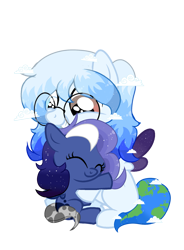 Size: 1369x1857 | Tagged: safe, artist:be_yourself, oc, oc:altersmay earth, oc:moony nightly, pegasus, pony, 2023 community collab, derpibooru community collaboration, baby, baby pony, cloud, colored wings, cute, duo, duo female, eyes closed, female, filly, foal, glasses, grin, heterochromia, looking down, planet ponies, ponified, simple background, smiling, transparent background, wings