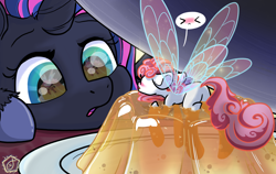 Size: 1580x1000 | Tagged: safe, artist:swishyfishy4308, oc, oc:cream poffle, breezie, pony, unicorn, ><, blushing, butt, cute, dessert, eye reflection, eyes closed, female, food, jello, mare, micro, plot, reflection, size difference, stuck