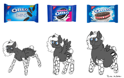 Size: 2980x1888 | Tagged: safe, artist:luna_mcboss, oc, oc only, oc:double stuff, pegasus, pony, anorexic, blue eyes, chubby cheeks, cookie, emaciated, fat, feathered wings, folded wings, food, glasses, gray coat, mottled coat, neck roll, obese, oreo, pegasus oc, physique difference, ribs, simple background, skinny, small wings, solo, spread wings, tail, tail bun, thin, weight gain, white background, white mane, wings