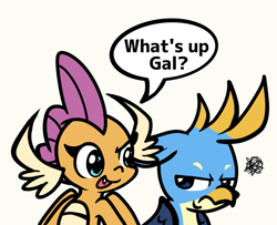 Size: 1256x1020 | Tagged: safe, artist:derp pone, derpibooru exclusive, gallus, smolder, dragon, griffon, g4, duo, duo male and female, female, male, simple background, teasing, unamused