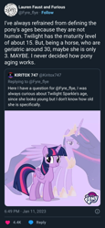 Size: 768x1670 | Tagged: safe, twilight sparkle, alicorn, pony, g4, the last problem, crown, female, jewelry, lauren faust, mare, meta, older, older twilight, older twilight sparkle (alicorn), princess twilight 2.0, regalia, self paradox, self ponidox, twilight sparkle (alicorn), twitter, word of faust