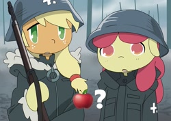 Size: 1695x1200 | Tagged: safe, artist:pony quarantine, apple bloom, applejack, earth pony, semi-anthro, g4, anime style, apple, apple sisters, arm hooves, clothes, duo, duo female, female, floppy ears, food, girls' last tour, gun, helmet, jacket, looking at you, military uniform, no pupils, open mouth, outdoors, parody, pictogram, question mark, rifle, shoujo shuumatsu ryokou, siblings, sisters, uniform, weapon