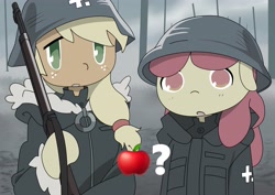 Size: 4096x2900 | Tagged: safe, alternate version, artist:pony quarantine, apple bloom, applejack, earth pony, semi-anthro, g4, anime style, apple, apple sisters, arm hooves, clothes, duo, duo female, female, floppy ears, food, girls' last tour, gun, helmet, high res, jacket, looking at you, military uniform, no pupils, open mouth, outdoors, parody, pictogram, question mark, rifle, shoujo shuumatsu ryokou, siblings, sisters, uniform, weapon