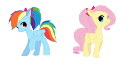 Size: 1431x739 | Tagged: safe, artist:cheesesauce_45, fluttershy, rainbow dash, pegasus, pony, g4, alternate hairstyle, bow, cute, dashabetes, duo, female, folded wings, hair bow, happy, looking at each other, looking at someone, mare, missing cutie mark, raised hoof, shyabetes, simple background, smiling, smiling at each other, white background, wings