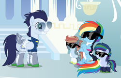 Size: 3099x2000 | Tagged: safe, artist:pastelnightyt, rainbow dash, soarin', oc, oc:prism bolt (pastelnightyt), oc:rainbow storm, pony, g4, alternate design, base used, high res, offspring, parent:rainbow dash, parent:soarin', parents:soarindash, sunglasses