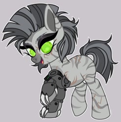 Size: 1066x1080 | Tagged: safe, artist:justsadluna, oc, oc only, zebra, eyelashes, female, mare, metal claws, raised hoof, smiling, solo, zebra oc