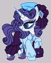 Size: 878x1080 | Tagged: safe, artist:justsadluna, rarity, pony, unicorn, g4, alternate hairstyle, blouse, clothes, eyeshadow, female, frilly, gray background, hat, looking back, makeup, mare, purse, shoes, simple background, skirt, solo