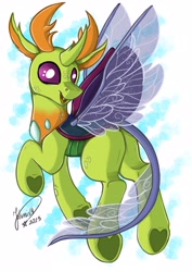 Size: 2894x4093 | Tagged: safe, artist:julunis14, thorax, changedling, changeling, pony, g4, butt, cute, digital art, fangs, freckles, frog (hoof), hoof heart, king thorax, plot, signature, simple background, smiling, solo, sparkly wings, spread wings, thorabetes, underhoof, white background, wings