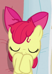Size: 602x856 | Tagged: safe, screencap, apple bloom, earth pony, pony, apple family reunion, g4, animated, apple bloom's bow, bed, bow, cropped, dishevelled, female, filly, foal, hair bow, lying down, no sound, on back, pillow, tired, webm