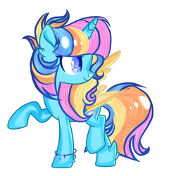 Size: 2048x2048 | Tagged: safe, artist:harmonyvitality-yt, oc, oc only, oc:rainbow magical dash, alicorn, pony, alicorn oc, base used, bracelet, female, high res, horn, jewelry, looking back, magical lesbian spawn, mare, offspring, parent:rainbow dash, parent:twilight sparkle, parents:twidash, raised hoof, simple background, smiling, solo, transparent background, wings