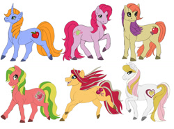Size: 1039x769 | Tagged: safe, artist:cyclone62, apple flitter, apple spice, applejack (g3), candy apple (g3), golden delicious (g3), green apple (g3), earth pony, pony, unicorn, g3, apple, apple family member, blue coat, cute, food, g3 applebetes, g3 candybetes, g3 flitterbetes, g3 jackabetes, group, long mane, raised leg, running, simple background, spiceabetes, white background, windswept mane
