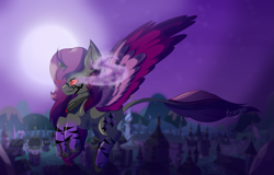 Size: 1617x1033 | Tagged: safe, artist:brybrychan, oc, oc only, alicorn, pony, alicorn oc, female, flying, horn, mare, night, outdoors, solo, sombra eyes, stars, story included, wings