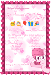 Size: 1816x2660 | Tagged: safe, artist:muhammad yunus, oc, oc only, oc:annisa trihapsari, earth pony, pony, balloon, birthday cake, birthday card, cake, earth pony oc, emoji, female, food, hat, heart, ibispaint x, looking at you, mare, open mouth, open smile, party hat, present, simple background, smiling, smiling at you, solo, transparent background