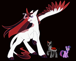 Size: 1024x820 | Tagged: safe, artist:purplegrim40, king sombra, twilight sparkle, oc, alicorn, pony, g4, alicorn oc, black background, colored wings, female, horn, male, mare, offspring, parent:king sombra, parent:twilight sparkle, parents:twibra, simple background, sombra eyes, stallion, twilight sparkle (alicorn), two toned wings, wings
