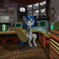 Size: 2000x2000 | Tagged: safe, artist:dddromm, oc, oc only, oc:homage, pony, unicorn, fallout equestria, chair, coffee, coffee mug, computer, female, high res, looking at you, mare, microphone, mug, sitting, solo, speaker, tenpony tower
