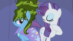 Size: 1000x563 | Tagged: safe, edit, edited screencap, screencap, rarity, trixie, pony, unicorn, boast busters, g4, season 1, alternate hairstyle, alternate scenario, brooch, cape, clothes, duo, duo female, eyes closed, eyeshadow, female, frown, gem, green hair, hoof on chest, jewelry, karma, looking at someone, makeup, mane swap, mare, silly, stars, trixie is not amused, trixie's brooch, trixie's cape, unamused