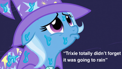 Size: 1000x563 | Tagged: safe, edit, edited screencap, screencap, trixie, pony, unicorn, g4, magic duel, season 3, blatant lies, cape, clothes, cute, dialogue, diatrixes, female, floppy ears, frown, gem, hat, looking up, mare, oops, pouting, sad, silly, silly pony, solo, text, trixie's cape, trixie's hat, water droplet, wet
