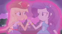 Size: 3072x1727 | Tagged: safe, screencap, applejack, rarity, human, equestria girls, g4, my little pony equestria girls, bare shoulders, clothes, cowboy hat, dress, duo, duo female, fall formal outfits, female, hairpin, hat, holding hands, implied lesbian, implied rarijack, implied shipping, looking at each other, looking at someone, night, sleeveless, sleeveless dress, smiling, smiling at each other, strapless