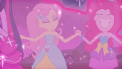 Size: 3072x1727 | Tagged: safe, screencap, fluttershy, pinkie pie, twilight sparkle, human, equestria girls, g4, my little pony equestria girls, bare shoulders, clothes, dress, duo focus, eyes closed, fall formal outfits, female, grin, hairpin, holding hands, legs, night, offscreen character, skirt, sleeveless, sleeveless dress, smiling, strapless, twilight ball dress