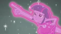 Size: 3072x1727 | Tagged: safe, screencap, twilight sparkle, human, equestria girls, g4, my little pony equestria girls, armpits, arms in the air, bare shoulders, clothes, dress, fall formal outfits, female, hands in the air, legs, night, pointing, skirt, sleeveless, sleeveless dress, smiling, solo, strapless, twilight ball dress