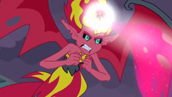 Size: 3072x1727 | Tagged: safe, screencap, sunset shimmer, human, equestria girls, g4, my little pony equestria girls, bare shoulders, big crown thingy, element of magic, female, flying, jewelry, night, regalia, sleeveless, solo, spread wings, strapless, sunset satan, wings