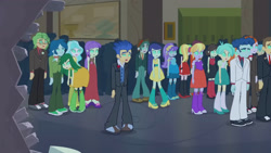 Size: 3072x1727 | Tagged: safe, screencap, blueberry cake, cloudy kicks, curly winds, flash sentry, golden hazel, heath burns, sandalwood, some blue guy, sophisticata, sweet leaf, teddy t. touchdown, human, equestria girls, g4, my little pony equestria girls, boots, canterlot high, clothes, fall formal outfits, female, glowing, glowing eyes, male, open mouth, shoes, suit