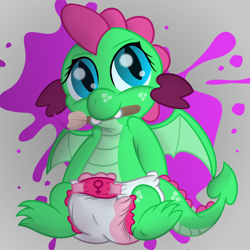 Size: 2200x2200 | Tagged: safe, artist:sweetielover, oc, oc only, oc:goldigony, dragon, cute, daaaaaaaaaaaw, diabetes, diaper, dragon oc, dragoness, female, female symbol, high res, non-baby in diaper, non-pony oc, ocbetes, paintbrush, pink diaper, simple background, solo, spread wings, stain, wings
