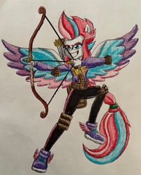 Size: 2456x3046 | Tagged: safe, artist:bozzerkazooers, zipp storm, human, equestria girls, g4, g5, arrow, bow (weapon), bow and arrow, equestria girls-ified, g5 to equestria girls, g5 to g4, generation leap, high res, ponied up, solo, traditional art, weapon