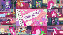 Size: 1280x722 | Tagged: safe, edit, edited screencap, editor:quoterific, screencap, gummy, lily pad (g4), pinkie pie, rarity, human, equestria girls, g4, my little pony equestria girls: better together, pinkie sitting, collage, pinkie being pinkie