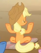 Size: 172x218 | Tagged: safe, edit, edited screencap, screencap, applejack, earth pony, pony, a rockhoof and a hard place, g4, applejack's hat, cowboy hat, cropped, hat, lotus position, solo focus