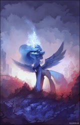 Size: 1870x2925 | Tagged: safe, artist:ramiras, princess luna, alicorn, pony, city, fanfic, fanfic art, fanfic cover, female, glowing, glowing horn, horn, magic, mare, slim, solo, thin