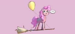 Size: 3245x1489 | Tagged: safe, artist:haku nichiya, pinkie pie, earth pony, pony, g4, balloon, broom, dialogue, female, happy, mare, open mouth, open smile, pinkie being pinkie, smiling, solo