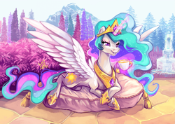 Size: 2283x1614 | Tagged: safe, artist:eiolf, princess celestia, alicorn, pony, g4, beautiful, concave belly, crown, cup, cushion, ethereal mane, ethereal tail, female, food, fountain, garden, glowing, glowing horn, hoof shoes, horn, jewelry, levitation, lidded eyes, long mane, magic, mare, mountain, outdoors, peytral, pillow, princess shoes, prone, reclining, regalia, relaxing, slim, smiling, solo, spread wings, tail, tea, tea time, teacup, telekinesis, thin, tree, wings