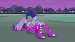 Size: 3072x1727 | Tagged: safe, screencap, spike, twilight sparkle, alicorn, dog, human, equestria girls, g4, my little pony equestria girls, :p, boots, cute, duo, duo male and female, eyes closed, fall formal outfits, female, hug, male, night, ponied up, shoes, smiling, spikabetes, spike the dog, tongue out, twiabetes, twilight ball dress, twilight sparkle (alicorn)