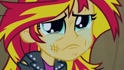 Size: 3072x1727 | Tagged: safe, screencap, sunset shimmer, human, equestria girls, g4, my little pony equestria girls, clothes, crying, cute, female, frown, jacket, leather, leather jacket, sad, sadorable, shimmerbetes, solo