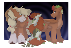 Size: 1280x854 | Tagged: safe, artist:itstechtock, applejack, autumn blaze, oc, oc:pazazz apple, hybrid, kirin, pony, g4, cloven hooves, crying, interspecies offspring, magical lesbian spawn, offspring, parent:applejack, parent:autumn blaze, parents:autumnjack, trio