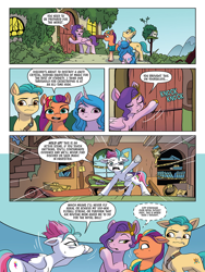 Size: 768x1024 | Tagged: safe, idw, official comic, hitch trailblazer, izzy moonbow, pipp petals, sunny starscout, zipp storm, earth pony, pegasus, pony, unicorn, g5, spoiler:comic, spoiler:g5, spoiler:g5comic, spoiler:g5comic09, concerned, crime scene, dialogue, door, female, fluttershy's cottage, frown, headband, hoof heart, implied discord, implied pegasus crystal, implied queen haven, jewelry, knocking, male, mane five, mane stripe sunny, mare, onomatopoeia, open mouth, panicking, police tape, regalia, speech bubble, stallion, stressed, tape, twilighting, underhoof, unshorn fetlocks, wavy mouth, whispering, worried