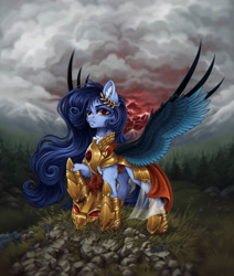 Size: 1767x2085 | Tagged: safe, artist:rozmed, oc, oc:tundra, pegasus, pony, armor, cloud, ear fluff, female, flanchard, helmet, hoof shoes, laurel wreath, long mane, mare, mountain, mountain range, outdoors, pegasus oc, peytral, princess shoes, solo, spread wings, sternocleidomastoid, storm, stormcloud, wings