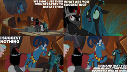 Size: 2000x1125 | Tagged: safe, edit, edited screencap, editor:quoterific, screencap, cozy glow, grogar, king sombra, lord tirek, queen chrysalis, centaur, changeling, changeling queen, pegasus, pony, sheep, umbrum, unicorn, taur, g4, the beginning of the end, bell, bell collar, collar, confused, crystal ball, evil smile, female, filly, foal, freckles, frown, grin, grogar's orb, horn, horns, legion of doom, male, nose piercing, nose ring, piercing, raised hoof, ram, septum piercing, smiling