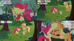 Size: 4400x2475 | Tagged: safe, edit, edited screencap, editor:quoterific, screencap, apple bloom, applejack, earth pony, pony, g4, somepony to watch over me, apple, apple bloom's bow, apple sisters, apple tree, applejack's hat, bow, cowboy hat, eyes closed, female, filly, foal, freckles, frown, grin, hair bow, hat, mare, mouth hold, open mouth, open smile, overprotective, pillow, rake, sheepish grin, siblings, sisters, smiling, tree