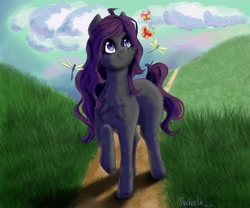 Size: 4800x4000 | Tagged: safe, artist:twivela, oc, oc only, butterfly, firefly (insect), insect, pony, chest fluff, cloud, female, grass, hill, mare, path, smiling, solo