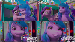 Size: 2000x1125 | Tagged: safe, edit, edited screencap, editor:quoterific, screencap, izzy moonbow, pipp petals, pegasus, pony, unicorn, g5, izzy does it, my little pony: make your mark, my little pony: make your mark chapter 2, spoiler:my little pony: make your mark, spoiler:my little pony: make your mark chapter 2, spoiler:mymc02e01, :o, amazed, duo, duo female, emoji, female, headband, heart, implied sunny starscout, izzy moonbow is not amused, jewelry, karate chop, livestream, mare, open mouth, open smile, party horn, phone, pipp petals is best facemaker, regalia, shocked, shocked expression, smiling, speech bubble, stars, unamused